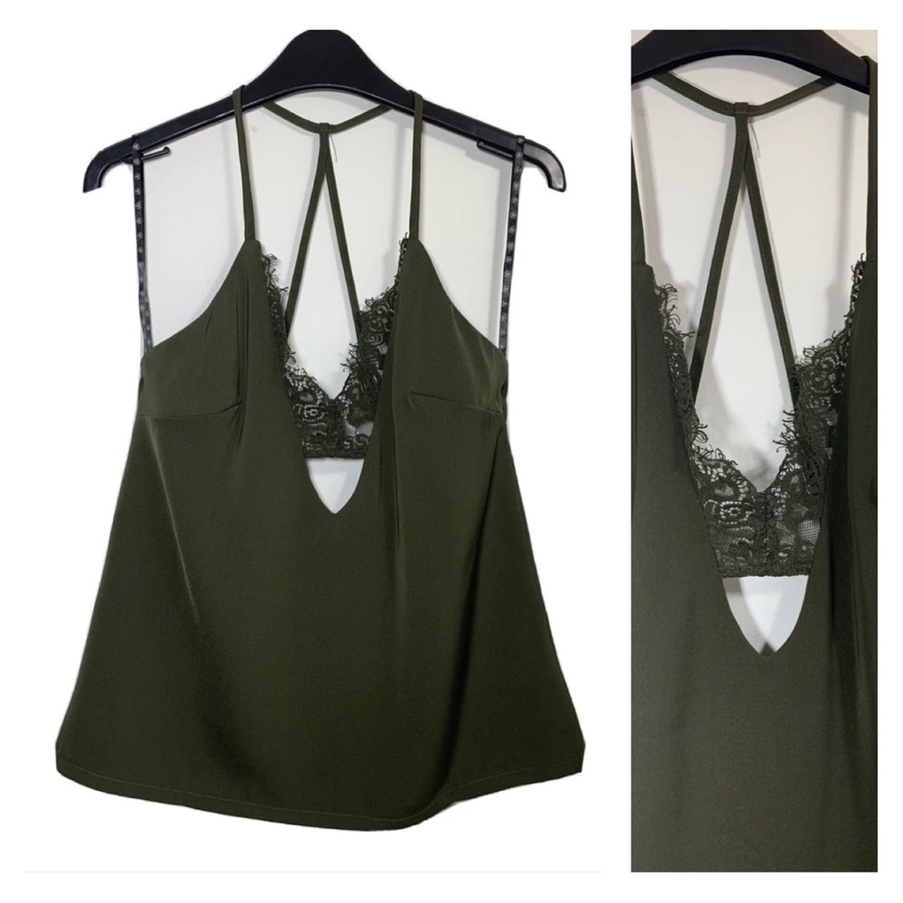 Missguided Cami Top With Lace Bralet Dark Green Khaki Strappy Sleeveless UK 8 - Picture 3 of 13